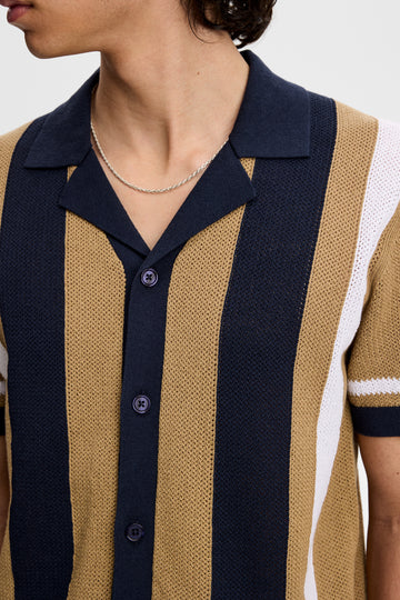 直條短袖開襟針織